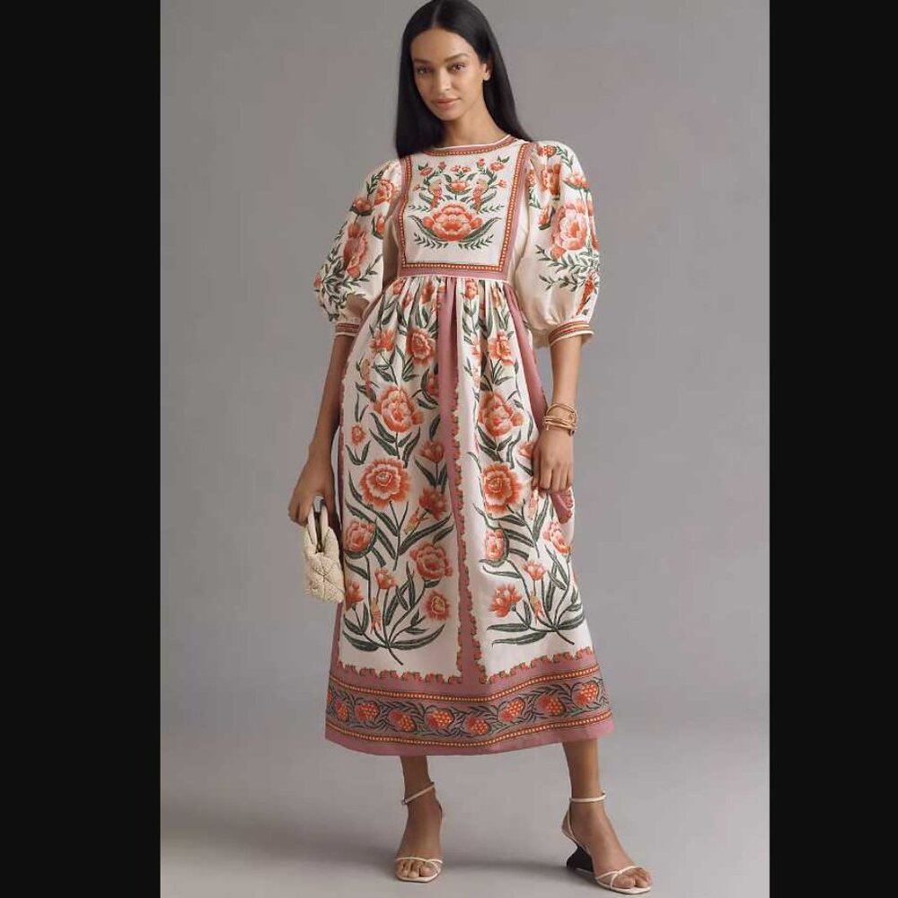 New XXS Farm Rio x Anthropologie puff-sleeve printed midi dress - Picture 1 of 11